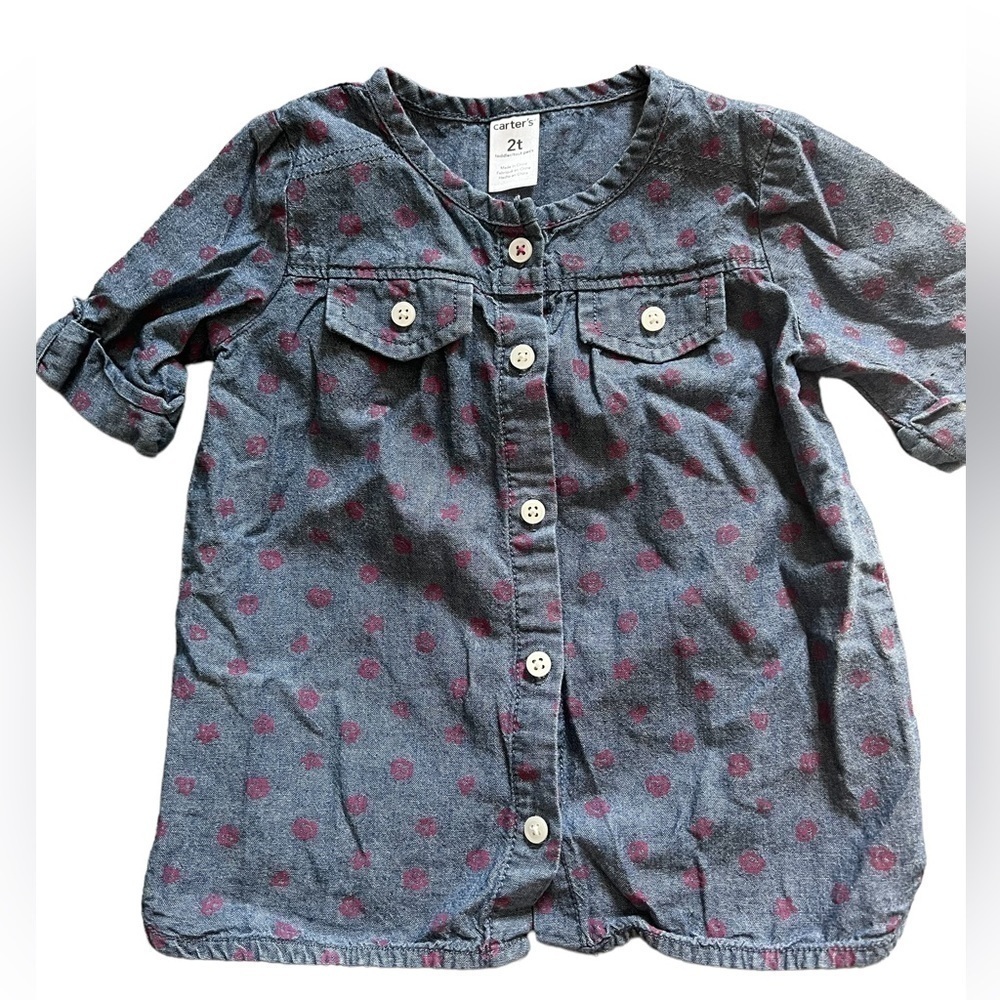 2T Carter’s denim cotton button down blouse w/ pink roses & 2 front pockets